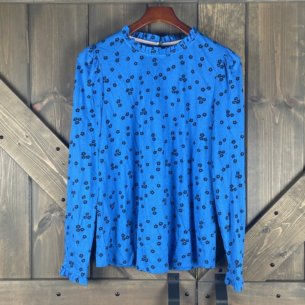 Boden Supersoft Frill Top Blue Black Ditsy Floral Modal Cotton Blouse Womens 14